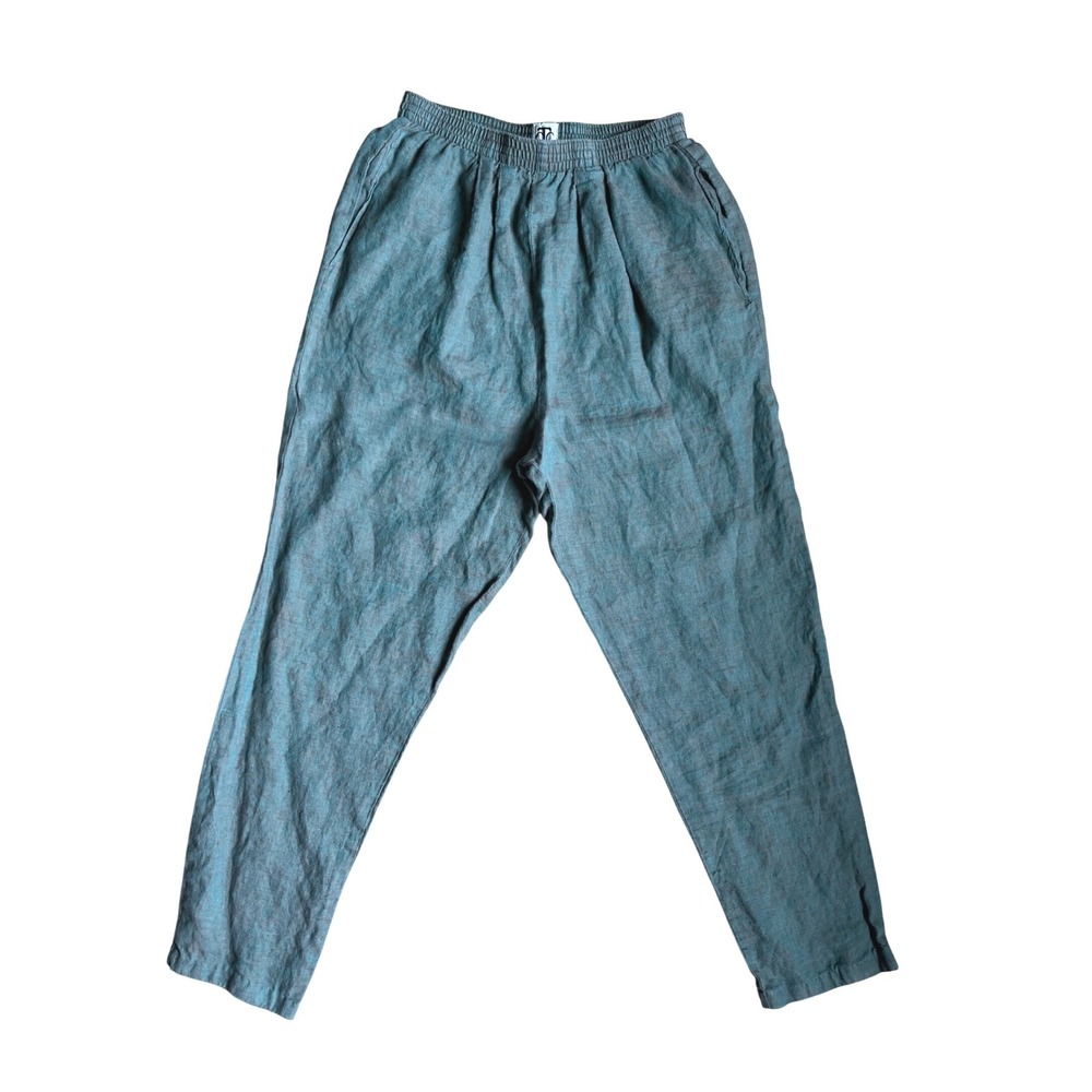 VTG Women Teal Blue Brown 100% Linen Elastic Waist  Pants Small Coastal Grandma